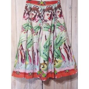 Alice + Olivia Meritt Lola Lady Print Pleated Midi Flare Skirt Cotton Size 2